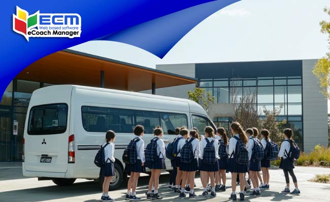 students waiting for minibus in front of school, student transport, UK family trip issues