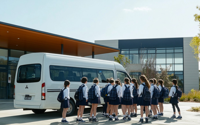 students waiting for minibus in front of school, student transport, January 2025, UK
