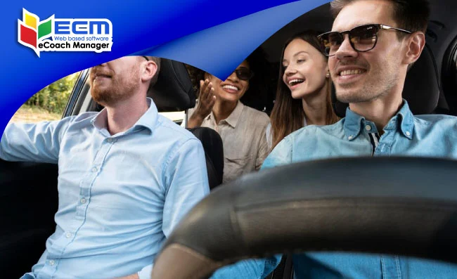 coach driver smiling/laughing, with a happy smiling group of passengers, UK transport customer service